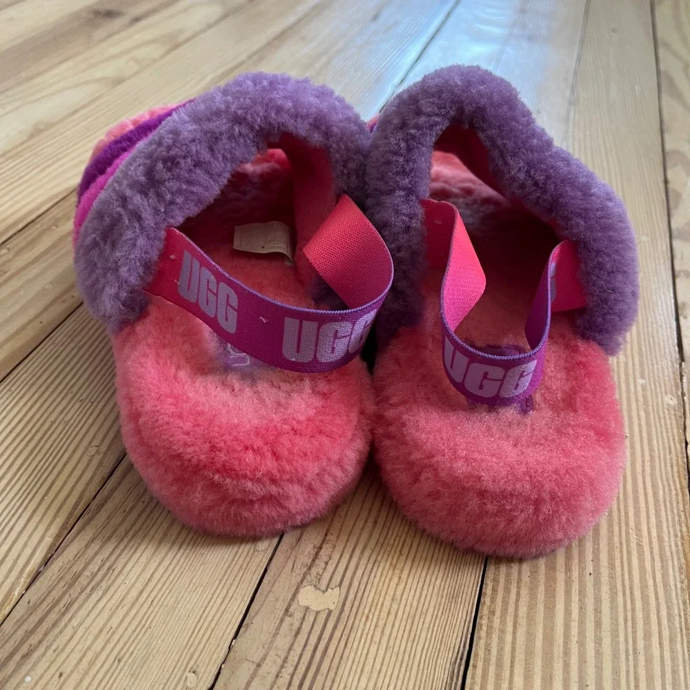 UGG Fluff Yeah Slide Pink Purple Striped Sheepskin Slingback Sandals Kids Size 2